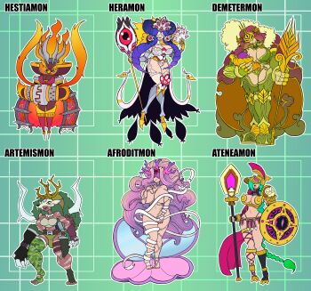 Rule 34 | 6+girls, absurdres, bandages, belt, breasts, cape, ceresmon, ceresmon medium, dianamon, digimon, digimon (creature), fire, highres, horns, junomon, lance, long hair, malandra-parodias, mervamon, multiple girls, nude, oridigi, original, pink hair, polearm, shield, venusmon, weapon