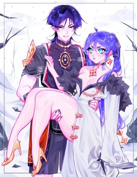 1boy 1girl ahoge alternate_body_size aqua_eyes armor asymmetrical_bangs bare_shoulders bare_tree black_bodysuit black_bow black_choker black_eyes black_kimono black_nails black_sleeves blue_nails blue_pupils blunt_bangs blunt_ends bodysuit border borrowed_clothes bow breasts brooch carrying chain choker choppy_bangs closed_mouth coat commentary covered_collarbone diamond-shaped_pupils diamond_(shape) doll_joints ear_piercing earrings english_commentary eyeliner eyeshadow fatui_coat fatui_logo foxtrot_(foxtrot_xx) fur-trimmed_coat fur_trim genshin_impact glint gold gold_chain gold_earrings gold_shoes gold_trim grey_border grey_sleeves hair_between_eyes hair_bow hand_on_another's_thigh hand_on_another's_waist hand_on_own_chest hand_up hetero high_heels highres japanese_armor japanese_clothes jewelry joints juban kimono kote kurokote lapels layered_sleeves light_blush long_hair looking_at_another makeup mandarin_collar mitsudomoe_(shape) mona_(genshin_impact) neck_ring off_shoulder open_clothes open_kimono open_mouth outdoors overcast pectorals piercing pink_lips ponytail_holder princess_carry purple_hair red_eyeliner red_eyeshadow red_kimono scaramouche_(genshin_impact) shoes short_sleeves shoulder_peek sidelocks single_sleeve_past_fingers single_sode sky small_breasts snowing star_(symbol) star_brooch star_choker star_earrings swept_bangs symbol-shaped_pupils thick_thighs thighs tomoe_(symbol) toned toned_male tree twintails white_coat white_kimono white_mouth white_sleeves white_trim