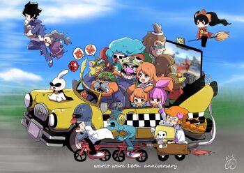 18-volt 5-volt 6+boys 6+girls 9-volt afro alien ana_(warioware) anniversary ashley_(warioware) bicycle black_eyes black_hair blue_hair blush body_fur bright_pupils broom brown_hair can cat_boy closed_eyes cloud colored_skin commentary_request dr._crygor dribble_(warioware) driving eating english_text fronk grey_hair herunia_kokuoji heterochromatic_eyewear holding holding_can jimmy_t jitome kat_(warioware) master_mantis mike_(warioware) mona_(warioware) mother_and_son motion_lines multiple_boys multiple_girls nintendo open_mouth orange_hair orbulon penny_crygor pink_hair red_(warioware) red_nose riding riding_bicycle siblings signature sisters sitting sky spitz spoken_food sweat taxi television tinted_eyewear twins wario warioware white_pupils white_skin yellow_fur young_cricket
