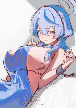 Rule 34 | 1girl, absurdres, ako (blue archive), ako (dress) (blue archive), blue archive, blue choker, blue dress, blue eyes, blue hair, blue halo, breasts, choker, closed mouth, commentary request, cuffs, dress, evening gown, halo, highres, katagiri nanoka, large breasts, lying, official alternate costume, on back, shackles, sideboob, sideless dress, single handcuff, sleeveless, sleeveless dress, solo, white background
