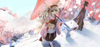 1girl absurdres andersonalac animal animal_ears arknights ball black_hakama blonde_hair cherry_blossoms closed_mouth day flower fox fox_ears fox_girl fox_tail from_above geta green_eyes hair_flower hair_ornament hairband hakama highres holding holding_animal holding_umbrella japanese_clothes kimono long_hair long_sleeves looking_at_viewer looking_up multiple_tails official_alternate_costume oil-paper_umbrella orange_flower outdoors pink_kimono red_hairband socks solo standing suzuran_(arknights) suzuran_(yukibare)_(arknights) tabi tail temari_ball tree umbrella white_socks wide_sleeves