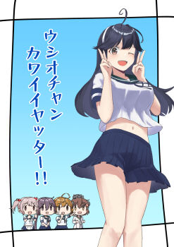 5girls ahoge akebono_(kancolle) black_hair blue_background blue_skirt blush border breasts brown_eyes chibi commentary_request crop_top cropped_shirt double_v hairband highres kantai_collection large_breasts long_hair looking_at_viewer midriff multiple_girls navel oboro_(kancolle) open_mouth pleated_skirt sailor_collar sazanami_(kancolle) school_uniform serafuku short_sleeves simple_background skirt smile ushio_(kancolle) ushio_kai_ni_(kancolle) v white_border white_hairband yuki_4040 yukikaze_(kancolle)