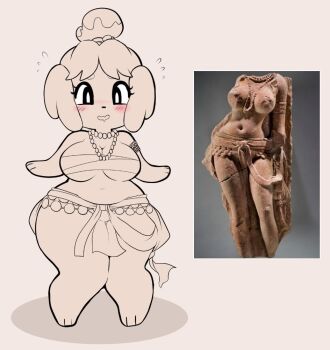 Rule 34 | 1girl, ancient indian clothes, armlet, blush, fine art parody, indian clothes, isabelle (animal crossing), jewelry, knees together feet apart, meme, navel, necklace, oni punch, parody, pearl necklace, photo inset, reference inset, sculpture, simple background, wide hips, yakshi statue (meme)