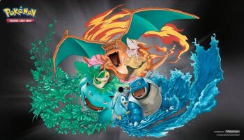 arita_mitsuhiro arms_behind_back blastoise blue_eyes braixen brown_eyes charizard commentary_request company_logo company_name copyright_logo copyright_name copyright_notice dragon dragon_wings fangs fire flame-tipped_tail gen_1_pokemon gen_4_pokemon gen_5_pokemon gen_6_pokemon holding holding_stick leaf logo nintendo nostrils official_art open_mouth orange_eyes piplup plant pokemon pokemon_(creature) pokemon_focus pokemon_tcg red_eyes shoulder_cannon snivy starter_pokemon_trio stick tail venusaur water wings