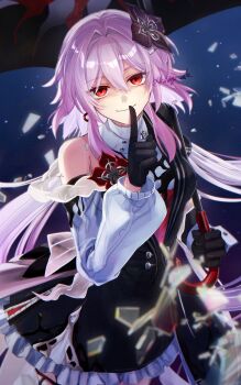 1girl asymmetrical_sleeves blue_background buttons commentary_request dress evernight_(honkai:_star_rail) finger_to_mouth flower frills gloves hair_between_eyes hair_flower hair_ornament hairclip highres holding holding_umbrella honkai:_star_rail honkai_(series) ikanago_eak layered_dress long_hair march_7th_(honkai:_star_rail) mismatched_sleeves parallel_hairclips pink_hair red_eyes shards shushing single_bare_shoulder umbrella very_long_hair