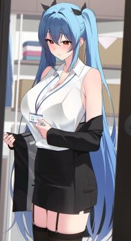 1girl armpit_crease bare_shoulders black_bra black_jacket black_skirt black_thighhighs blue_hair blurry bra bra_visible_through_clothes breasts button_gap cleavage collared_shirt commission cowboy_shot depth_of_field dungeon_and_fighter garter_straps hair_between_eyes hair_ribbon high-waist_skirt highres id_card jacket large_breasts long_hair looking_down miniskirt off_shoulder open_clothes open_jacket original parted_lips pencil_skirt red_eyes ribbon shirt shirt_tucked_in sidelocks skirt sleeveless sleeveless_shirt solo string_bra sweatdrop thighhighs underwear very_long_hair white_shirt zettai_ryouiki ziroqon