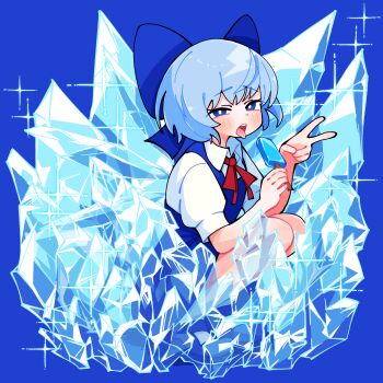 1girl blue_background blue_bow blue_dress blue_eyes blue_hair blush bow candy cirno collared_shirt commentary cryokinesis detached_wings dress food gram_9 hair_bow highres holding holding_candy holding_food holding_lollipop ice ice_wings lollipop looking_at_viewer open_mouth pinafore_dress puffy_short_sleeves puffy_sleeves shirt short_sleeves sleeveless sleeveless_dress solo sparkle squatting tongue tongue_out touhou v white_shirt wings