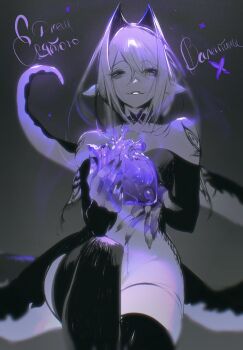 1girl absurdres akishycat black_choker black_thighhighs choker commentary dress english_commentary grey_background hair_between_eyes happy_valentine heart_(organ) highres holding holding_heart_(organ) long_hair looking_at_viewer looking_down original partially_colored pointy_ears russian_text simple_background sitting smile solo swept_bangs tail tentacle_tail thighhighs white_dress