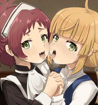 2girls after_kiss aisha_greyrat apron black_dress blonde_hair blue_dress blush kodomo_doushi chocomi6517 crying cum cum_in_mouth cum_on_tongue cum_string cumdrip dress embarrassed fang female_focus french_kiss from_side green_eyes hand_up heart heart-shaped_pupils highres holding_another&#039;s_hand holding_hands incest indoors interlocked_fingers kiss light_blush loli long_hair long_sleeves looking_at_viewer looking_to_the_side low_ponytail maid maid_headdress medium_hair motion_lines multiple_girls mushoku_tensei naughty_face norn_greyrat nose_blush open_mouth ponytail pov red_hair saliva saliva_trail shirt siblings sisters symbol-shaped_pupils tears teeth tongue tongue_out trembling upper_body upper_teeth_only white_apron white_shirt yuri