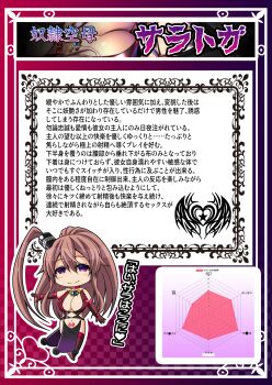 1girl absurdres abyssal_ship alternate_costume alternate_eye_color animal_collar bare_shoulders breasts brown_gloves brown_hair character_name chart checkered_background chibi cleavage collar corruption dark_persona drum_magazine elbow_gloves full_body gloves hair_between_eyes hair_ornament heart heart_tattoo highres impossible_clothes japanese_text kantai_collection large_breasts latex latex_gloves latex_legwear long_hair looking_at_viewer magazine_(weapon) midriff militia_minpei navel pelvic_curtain pubic_tattoo purple_eyes red_collar revealing_clothes saratoga_(kancolle) skin_tight smile solo tattoo thighhighs translated underbust