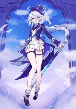 1girl ahneato ahoge aqua_hair black_gloves black_shoes blue_butterfly blue_eyes bug butterfly commentary_request furina_(genshin_impact) genshin_impact gloves hair_between_eyes hat heterochromia highres holding holding_sword holding_weapon insect long_hair long_sleeves looking_at_viewer multicolored_hair shoes short_shorts shorts smile solo splendor_of_tranquil_waters_(genshin_impact) sword top_hat very_long_hair weapon white_gloves white_hair white_shorts