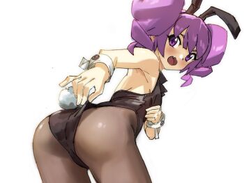 1girl adjusting_clothes clothes_pull highres looking_at_viewer otachan otachanshow playboy_bunny purple_eyes purple_hair simple_background source_request the_otachan_show white_background