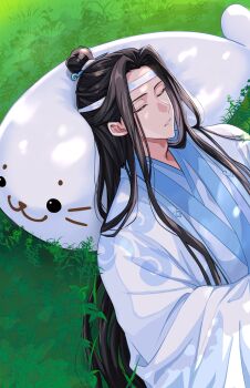 1boy animal-shaped_pillow aslle black_hair chinese_clothes closed_eyes commentary_request dappled_sunlight day grass hanfu headband highres lan_wangji long_hair long_sleeves lying male_focus modao_zushi on_back outdoors parted_bangs parted_lips pillow robe sidelocks sleeping smile solo stuffed_animal stuffed_seal stuffed_toy sunlight topknot upper_body very_long_hair white_hanfu white_headband wide_sleeves xiao_guan_(headdress)