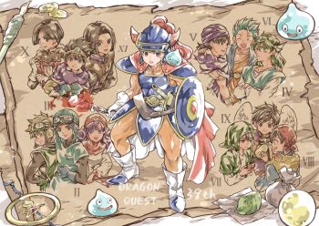 Rule 34 | 1girl, 6+boys, anniversary, aqua hair, aqua tunic, armor, aviator cap, aviator goggles, bandana, black bodysuit, black hair, blonde hair, blue coat, blue hat, blue shirt, blue tunic, bodysuit, boots, breasts, brown hair, cape, capelet, circlet, cloak, closed mouth, coat, commentary request, copyright name, creature, creature on shoulder, crossed arms, dragon quest, dragon quest i, dragon quest ii, dragon quest iii, dragon quest iv, dragon quest ix, dragon quest v, dragon quest vi, dragon quest vii, dragon quest viii, dragon quest x, dragon quest xi, fake horns, feathered wings, forehead protector, gloves, goggles, goggles on head, green hair, green hat, green tabard, green tunic, hair between eyes, hair slicked back, hat, headscarf, helmet, hero (dq1), hero (dq10), hero (dq11), hero (dq3), hero (dq4), hero (dq5), hero (dq6), hero (dq7), hero (dq8), hero (dq9), highres, holding, holding shield, holding torch, hood, hood up, hooded capelet, horned helmet, horns, isa (chiyo-s), leaf, long hair, male focus, medium breasts, multiple boys, on shoulder, open mouth, orange bodysuit, parted lips, prince of lorasia, purple cloak, purple hair, purple scarf, red bandana, red cape, red capelet, red hood, robe, roto (dq3), sack, scarf, shield, shirt, short hair, shoulder armor, slime (dragon quest), smile, tabard, torch, tunic, upper body, vest, white boots, white gloves, white robe, white wings, winged headwear, wings, yellow vest