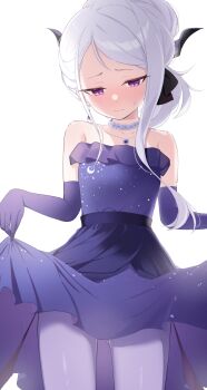 1girl blue_archive blush breasts clothes_lift commentary_request demon_girl demon_horns demon_wings dress gloves gluteal_fold highres hina_(blue_archive) hina_(dress)_(blue_archive) horns long_hair low_wings minamino_3730 purple_dress purple_eyes purple_gloves simple_background small_breasts solo white_background white_hair wings