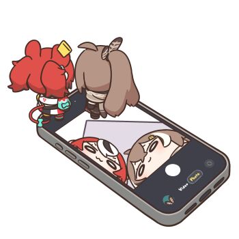 :3 animal_ears black_streaks bloodymoonia bow brown_capelet capelet cellphone cellphone_photo chibi chibi_only commentary english_commentary feather_hair_ornament feathers figures_taking_selfie_(meme) hair_ornament hakos_baelz hakos_baelz_(1st_costume) highres hololive hololive_english iphone meme mini_person minigirl mouse_ears mouse_girl mouse_tail mousetrap multicolored_hair nanashi_mumei phone red_hair smartphone smile solid_oval_eyes standing_on_object streaked_hair tail tail_bow tail_ornament user_interface viewfinder virtual_youtuber white_background white_streaks