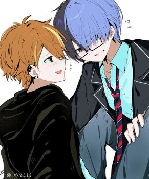 2boys aoyagi_touya black_jacket blazer earrings glasses green_eyes hashtag-only_commentary highres hollis0615 jacket jewelry kamiyama_high_school_uniform_(project_sekai) light_blush long_sleeves looking_at_another male_focus multicolored_hair multiple_boys necktie open_mouth orange_hair project_sekai school_uniform shinonome_akito shirt white_background white_shirt yaoi