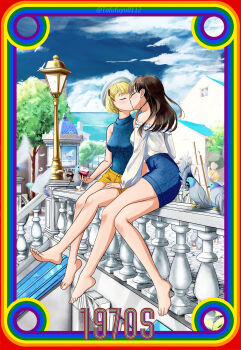Rule 34 | 2girls, animal, baluster, barefoot, beret, bird, black hair, blonde hair, blue skirt, blue sky, blue sweater, bob cut, border, breasts, closed eyes, cloud, commentary, couple, day, denim, denim skirt, facing to the side, foot dangle, frilled shirt, frills, hat, highres, kiss, lamppost, long hair, long sleeves, miniskirt, motion blur, multicolored border, multiple girls, off-shoulder shirt, off shoulder, original, outdoors, people, pigeon, shirt, shirt tucked in, short hair, short shorts, shorts, sitting, skirt, sky, sleeveless, sleeveless sweater, straight hair, sweater, tofufuyu0112, turning head, twitter username, untranslatable commentary, urban, watermark, white hat, white shirt, yellow shorts, yuri