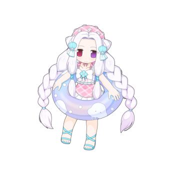 1girl blue_sandals braid chibi chibi_only closed_mouth cone_hair_bun double_bun frilled_one-piece_swimsuit frills full_body hair_bun heterochromia holding holding_swim_ring innertube long_hair looking_at_viewer official_art one-piece_swimsuit pink_one-piece_swimsuit pope_(ragnarok_online) purple_eyes ragnarok_online red_eyes sandals simple_background smile solo swim_ring swimsuit transparent_background twin_braids very_long_hair white_hair yuichirou