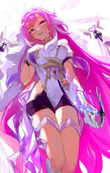 Rule 34 | 1girl, absurdres, bare shoulders, bell, black shorts, bow (weapon), breasts, bridal garter, clothing cutout, commentary, crystal shards, detached sleeves, elbow gloves, elysia (herrscher of human:ego) (honkai impact), elysia (honkai impact), english commentary, gloves, hand on own chest, highres, holding, holding bow (weapon), holding weapon, honkai (series), honkai impact 3rd, large breasts, legs, long hair, looking at viewer, open mouth, pink eyes, pink hair, pink pupils, shirt, short shorts, short sleeves, shorts, side cutout, solo, teeth, thighs, triquetra, upper teeth only, very long hair, weapon, white background, white shirt, white veil, yun-yang