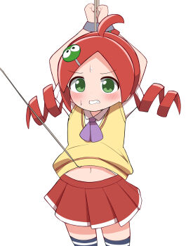 1girl andou_ringo blue_socks blush bound bound_wrists clothes_lift drill_hair green_eyes hair_ornament hairclip highres neckerchief nervous_sweating psnt_8010 purple_neckerchief puyopuyo red_hair shirt_lift socks sweat sweatdrop tagme twin_drills twirling_hair vest worried yellow_vest