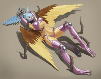 1girl absurdres armpits arms_up black_scarf blue_eyes blue_hair bound bound_wrists breasts claws commentary_request commission covered_erect_nipples digimon digimon_(creature) digimon_frontier feathered_wings full_body garter_straps gauntlets gloves hair_between_eyes head_wings highres kazukida leaf long_hair mask medium_breasts mouth_mask navel pixiv_commission plant purple_gloves restrained revision ryona scarf shadow shoulder_pads shutumon sidelocks simple_background skindentation solo stomach thigh_gap vine_bondage vines wings