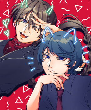 Rule 34 | 2boys, ;d, absurdres, black jacket, blue eyes, blue hair, blue shirt, braid, brown hair, closed mouth, collared shirt, commentary request, drawn ears, drawn horns, drawn whiskers, duo maxwell, eclipseb, eyes visible through hair, frown, gundam, gundam wing, hair between eyes, hand on own chin, hand up, heart, highres, in-franchise crossover, jacket, kamille bidan, long hair, looking at viewer, male focus, multiple boys, necktie, o-ring, one eye closed, open mouth, red background, red necktie, red shirt, salute, shirt, short hair, simple background, single braid, smile, two-finger salute, upper body, wing collar, zeta gundam