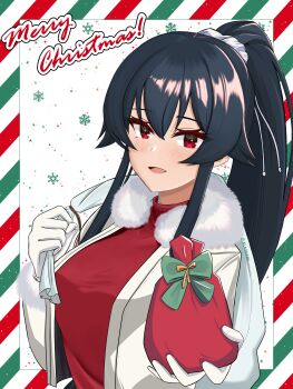 1girl absurdres bag black_hair commentary_request fur-trimmed_jacket fur_trim gloves highres jacket kantai_collection klashikari long_hair looking_at_viewer merry_christmas red_eyes red_sweater satchel sidelocks smile solo sweater white_gloves white_jacket yahagi_(christmas)_(kancolle) yahagi_(kancolle)