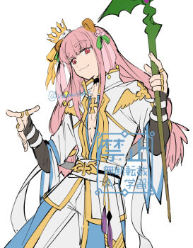 1boy :3 blunt_bangs cardinal_(ragnarok_online) closed_mouth commentary_request cowboy_shot crown fake_wings gold_trim golden_wings holding holding_staff long_hair long_sleeves looking_at_viewer male_focus namosuke_(oetwmkekmz) pants pink_hair ragnarok_online red_eyes sash shirt simple_background smile solo staff twitter_username watermark white_background white_pants white_sash white_shirt wings