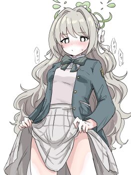 1girl black_eyes blazer blue_archive blush bow bowtie breasts bright_pupils brown_hair clothes_lift green_bow green_bowtie green_jacket grey_skirt hair_bow halo jacket long_hair long_skirt miyo_(blue_archive) open_clothes open_jacket plaid_clothes plaid_skirt shirt skirt skirt_lift small_breasts solo standing sweat tachikaze_miyako wavy_hair white_background white_bow white_pupils white_shirt