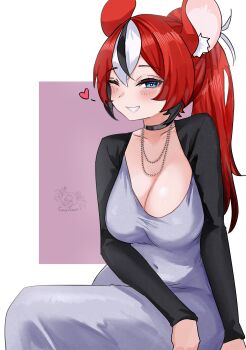 1girl absurdres alternate_costume alternate_hairstyle animal_ear_fluff animal_ears artist_name black_choker black_hair black_sleeves blue_eyes blush breasts choker cleavage commentary dongtan_dress double-parted_bangs hair_between_eyes hakos_baelz heart highres hololive hololive_english jewelry large_breasts mouse_ears mouse_girl multicolored_hair necklace one_eye_closed ponytail red_hair sitting smile soup_(soupysoull) spoken_heart virtual_youtuber white_hair