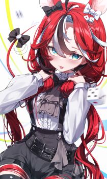 1girl absurdres ahoge animal_ears blue_eyes bow dice ear_ribbon grey_shorts hakos_baelz hakos_baelz_(steel_rose) highres hololive hololive_english long_hair low_twintails maeru mouse_ears mouse_tail multicolored_hair red_hair shirt shorts streaked_hair suspenders tail tail_bow tail_ornament tongue tongue_out twintails virtual_youtuber white_shirt