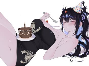1girl asymmetrical_horns birthday_cake black_dress black_hair blue_hair blush cake colored_inner_hair demon_horns dress eating food fork fruit hair_between_eyes hat highres holding holding_fork hololive hololive_english horns long_hair looking_at_viewer lying multicolored_hair nerissa_ravencroft nyanyaqwi on_back party_hat scorpion_print simple_background sleeveless sleeveless_dress solo strawberry uneven_horns virtual_youtuber white_background