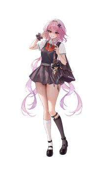 1girl absurdres alternate_costume bag bangboo_(zenless_zone_zero) black_flower black_sweater_vest blush bow bowtie breasts bubble99 commentary_request evernight_(honkai:_star_rail) flower grin hair_between_eyes hair_flower hair_ornament hairclip highres honkai:_star_rail honkai_(series) korean_commentary long_hair march_7th_(honkai:_star_rail) miniskirt official_alternate_eye_color parallel_hairclips pink_hair red_bow red_bowtie red_eyes school_uniform shirt shoulder_bag skirt smile sweater_vest thighs very_long_hair white_background white_shirt zenless_zone_zero