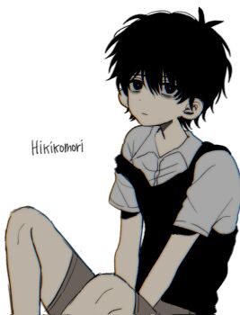 Rule 34 | 1boy, :|, absurdres, bags under eyes, bare arms, bare legs, black eyes, black hair, black sweater vest, bright pupils, brown shorts, chromatic aberration, closed mouth, collared shirt, double-parted bangs, expressionless, feet out of frame, hair behind ear, hair between eyes, highres, looking at viewer, male focus, messy hair, my loleeta, omori, romaji text, shirt, short hair, short sleeves, shorts, simple background, solo, strap slip, sunny (omori), sweater vest, upturned eyes, v arms, very short hair, white background, white pupils, white shirt