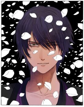 1boy black_background border collarbone commentary_request falling_petals gintama green_eyes hair_over_one_eye haori highres japanese_clothes khaaa_kom kimono looking_at_viewer male_focus one_eye_closed parted_lips petals portrait purple_hair purple_kimono short_hair solo takasugi_shinsuke white_border