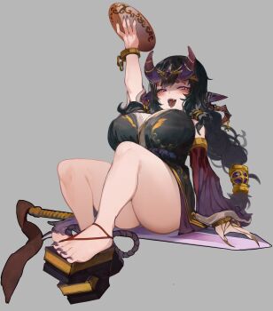 1girl absurdres arm_up azuma_douji_(mofumancer) bare_legs bare_shoulders barefoot black_dress black_hair blush braid breasts cleavage commission commissioner_upload cup detached_sleeves dress fangs gold_trim gold_wrist_cuffs gradient_horns gradient_sleeves grey_background hair_ornament highres horns huge_breasts long_sidelocks multicolored_horns non-web_source oni open_mouth original pink_eyes pointy_ears purple_ears purple_nails sakazuki second-party_source short_hair short_hair_with_long_locks shortstack sidelocks simple_background single_braid sitting solo sword sword_tassel tassel tomatolover16 weapon weapon_tassel wrist_cuffs