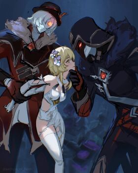 1girl 2021 2boys absurdres archon_of_flesh arms_behind_back artist_name blonde_hair captured defeat fatui_agent_(genshin_impact) fatui_pyro_agent_(genshin_impact) flower genshin_impact grabbing_another&#039;s_chin hair_flower hair_ornament hand_on_another&#039;s_chin hand_on_chin hat highres holding_chin imminent_penetration imminent_rape lumine_(genshin_impact) multiple_boys pyroslinger_bracer_(genshin_impact) torn_clothes white_stockings