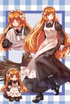 1girl apron black_dress black_shoes bow broom brown_hairband checkered_background cleaning cleaning_weapon dress freckles frilled_apron frills full_body gloria91927 gloves hair_bow hairband hashtag-only_commentary highres holding holding_broom ishmael_(project_moon) juliet_sleeves limbus_company long_hair long_sleeves looking_at_viewer maid_headdress multiple_views orange_hair project_moon puffy_sleeves rope shoes sidelocks very_long_hair weapon white_apron white_bow white_gloves wuthering_heights_(identity)_(project_moon)