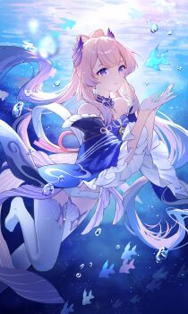 1girl absurdres bare_shoulders blue_bow blue_kimono bow bow-shaped_hair breasts cleavage commentary_request detached_collar fish genshin_impact gloves gradient_hair highres horns hydro_symbol_(genshin_impact) japanese_clothes kimono long_hair long_sleeves morimori_(14292311) multicolored_hair navel nontraditional_miko parted_lips pink_hair purple_eyes purple_hair sangonomiya_kokomi sidelocks solo stomach thighhighs underwater very_long_hair vision_(genshin_impact) white_gloves white_thighhighs wide_sleeves