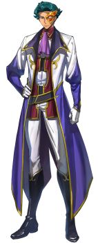 1boy ascot black_boots blue_hair boots closed_mouth code_geass code_geass:_genesic_re;code cyborg dutch_angle forehead full_body gloves hand_on_own_chest hand_on_own_thigh hand_over_heart hand_up highres jacket jeremiah_gottwald looking_afar male_focus official_art open_clothes open_jacket orange_eyes pants purple_ascot purple_sleeves raglan_sleeves red_shirt shirt short_hair simple_background solo transparent_background v-shaped_eyebrows white_gloves white_jacket white_pants