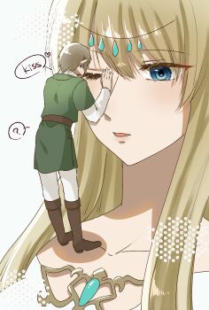 Rule 34 | blonde hair, blue eyes, commentary request, giant, giantess, highres, hylia, kiss, koino30, link, long hair, one eye closed, person on shoulder, size difference