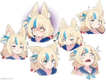 1girl :3 absurdres ahoge angry animal_ear_fluff animal_ears artist_name blonde_hair blue_eyes blue_streaks cat_ears commentary cropped_shoulders english_commentary fangs fish_girl furrowed_brow half-closed_eyes high_collar highres indie_virtual_youtuber lifebuoy_hair_ornament long_hair low_twintails machapus multicolored_hair multiple_expressions one_side_up paper_boat raised_eyebrow sailor_collar sameko_saba sanpaku simple_background sketch smug streaked_hair twintails twitter_username v-shaped_eyebrows virtual_youtuber white_background
