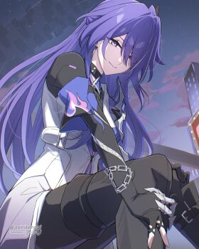1girl absurdres acheron_(honkai:_star_rail) alternate_costume asiri_senpai asymmetrical_legwear black_boots black_choker black_shirt boots chain chain_around_arm choker closed_mouth coat earrings from_below hair_over_one_eye highres honkai:_star_rail honkai_(series) jewelry knee_boots long_hair looking_at_viewer outdoors purple_eyes purple_hair purple_sky revision shirt single_knee_boot single_thigh_boot sitting sky smile solo thigh_boots white_coat
