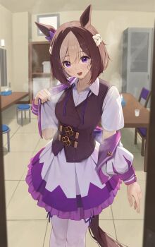 1girl animal_ears black_vest blurry blush bow braid brown_hair chair collared_shirt commentary depth_of_field ear_bow half_up_braid highres horse_ears horse_girl horse_tail indoors jacket long_sleeves looking_at_viewer mixed-language_commentary multicolored_hair ningen_gokko open_clothes open_jacket open_mouth opened_by_self purple_bow purple_eyes shirt short_hair smile solo special_week_(special_dreamer)_(umamusume) special_week_(umamusume) steam streaked_hair sweat tail textless_version two-tone_hair umamusume vest white_hair white_jacket white_shirt