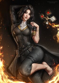 1girl absurdres anklet arm_tattoo armband aylisnyan barefoot belt black_coat black_hair black_pants book breasts clair_obscur:_expedition_33 coat fire gold_trim highres jewelry long_coat looking_at_viewer lune_(clair_obscur:_expedition_33) lying necklace on_back open_clothes open_coat pants parted_lips ring smile solo tattoo tight_clothes tight_pants watermark wavy_hair