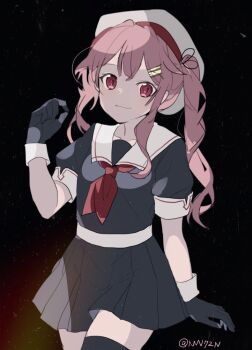 1girl beret black_background black_gloves black_serafuku black_shirt black_skirt black_thighhighs cowboy_shot gloves hair_flaps harusame_(kancolle) harusame_kai_ni_(kancolle) hat highres kantai_collection nanana_(sp6z7fa9) neckerchief one-hour_drawing_challenge pink_hair pleated_skirt red_eyes red_neckerchief sailor_collar sailor_shirt school_uniform serafuku shirt side_ponytail skirt solo thighhighs twitter_username white_hat white_sailor_collar
