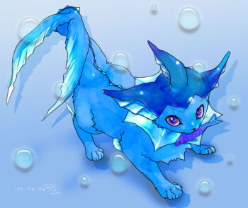 blue_theme bubble eat fish gen_1_pokemon looking_up nintendo pokemon pokemon_(creature) purple_eyes vaporeon