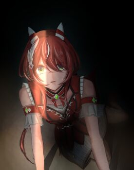 1girl animal_ears breasts ear_covers feather_hair_ornament feathers green_eyes hair_between_eyes hair_ornament highres horse_ears horse_girl long_hair looking_at_viewer pakarappakaratt red_hair small_breasts solo umamusume win_variation_(dramatic_tutu)_(umamusume) win_variation_(umamusume)