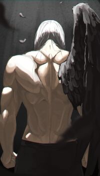 Rule 34 | 1boy, black feathers, black pants, black wings, clenched hands, cloudi p, commentary, facing away, falling feathers, feathered wings, feathers, final fantasy, final fantasy vii, grey background, grey hair, hair over shoulder, highres, long hair, male focus, muscular, muscular male, pants, sephiroth, single wing, sketch, solo, topless male, upper body, wings